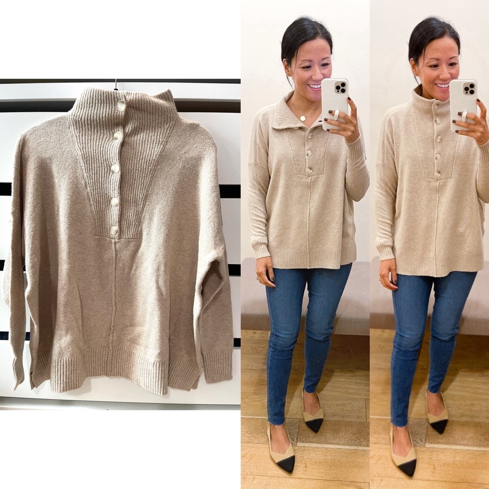 Loft Button Poncho Sweater, Beige/Tan, Size XS